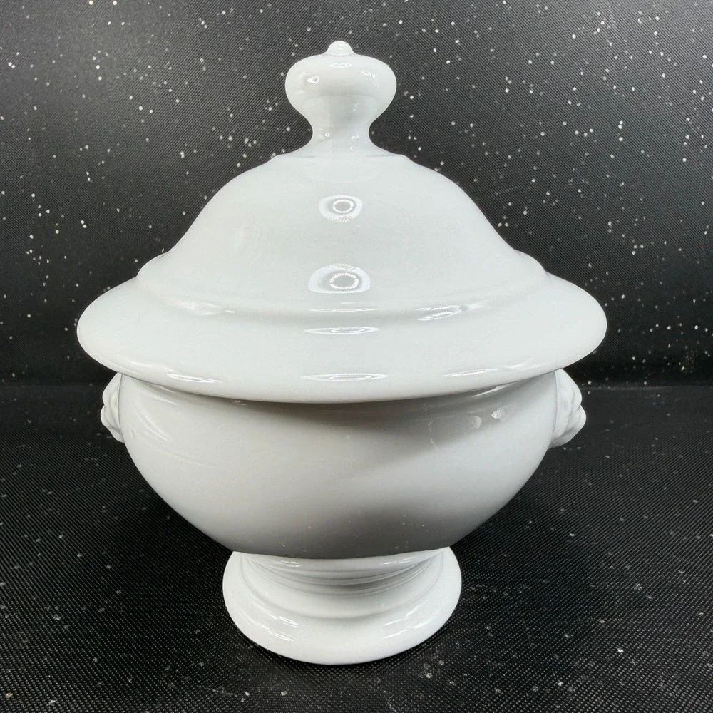 Apilco France White Porcelain Lion Head Dish w Lid Footed Bowl Container Jar